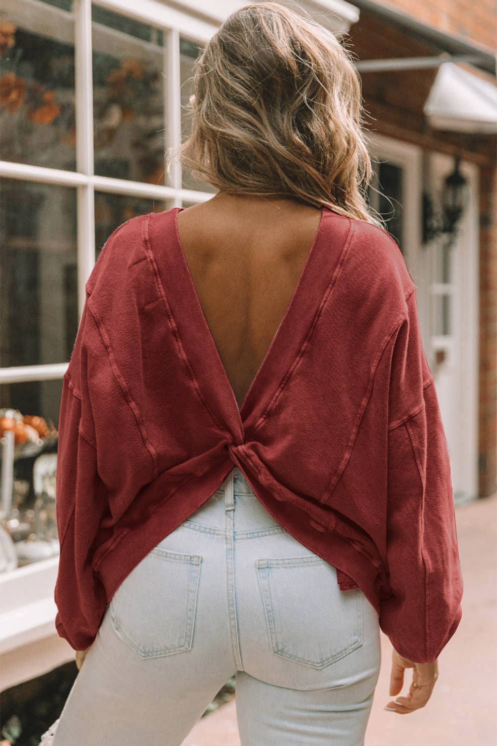 Casual Exposed Seam Twist Open Back Oversized Sweatshirt