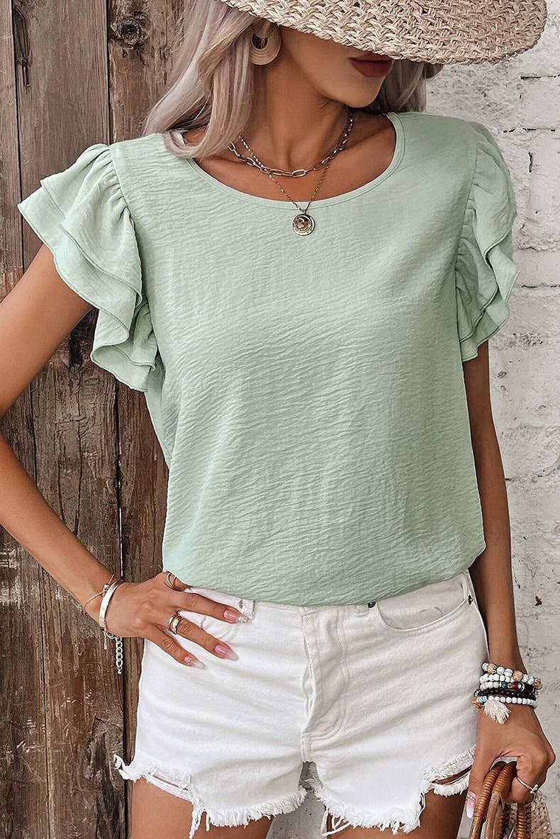 Casual Regular Ruffle Flutter sleeve R-neck plain tee top