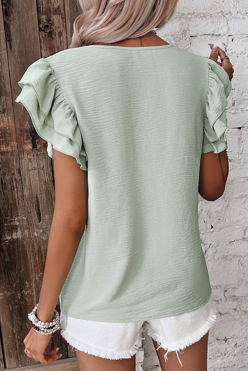 Casual Regular Ruffle Flutter sleeve R-neck plain tee top
