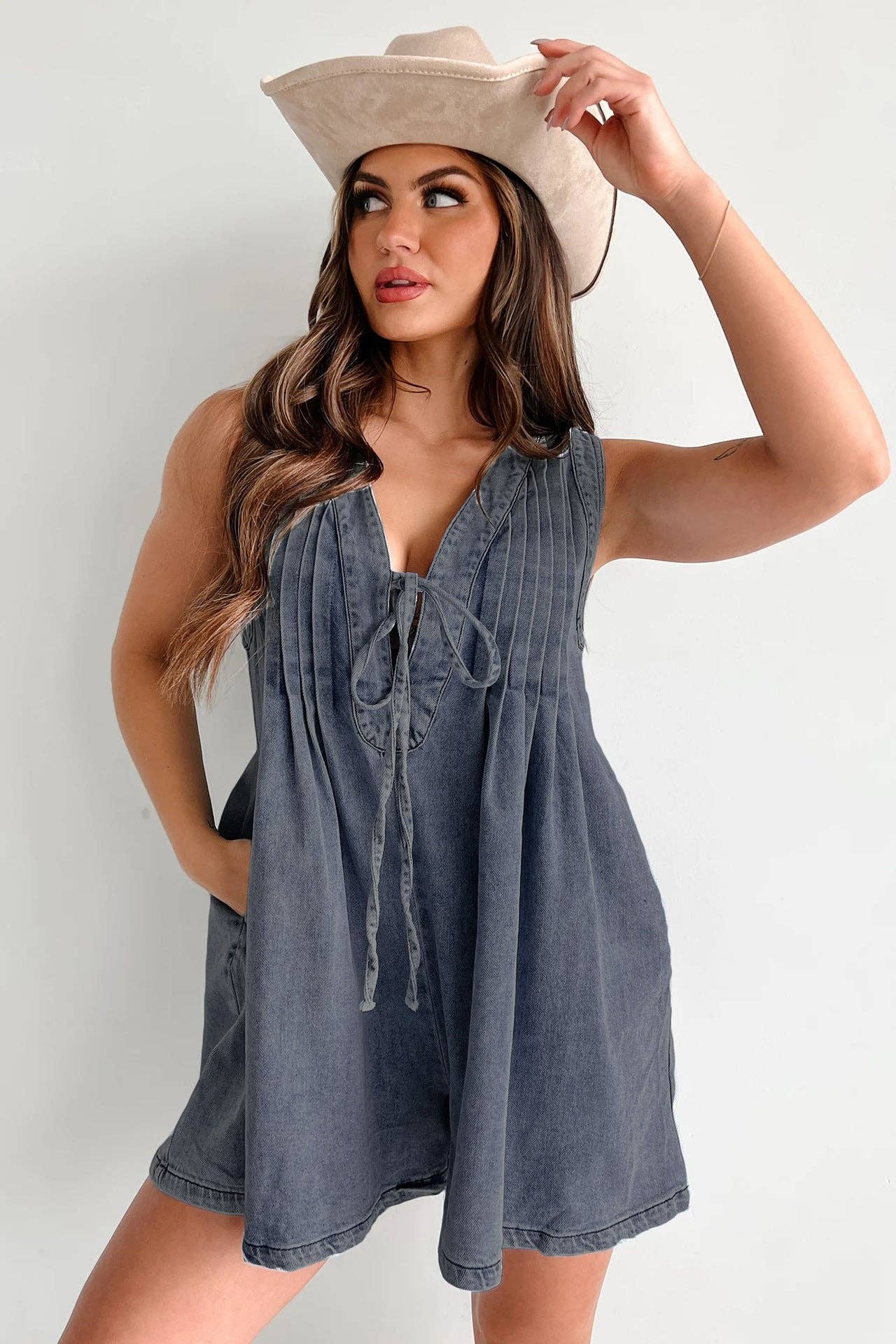 Ladies Tie Front V-Neck Sleeveless Denim Romper 9025