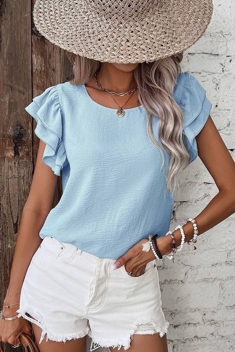 Casual Regular Ruffle Flutter sleeve R-neck plain tee top