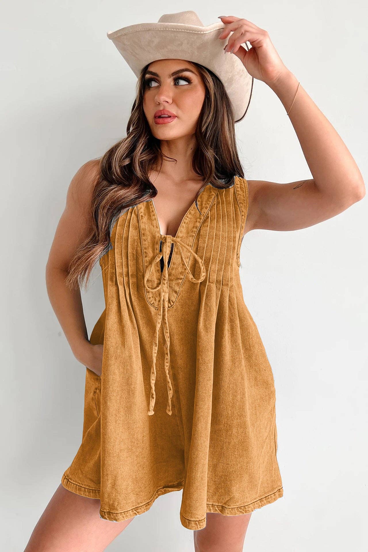 Ladies Tie Front V-Neck Sleeveless Denim Romper 9025