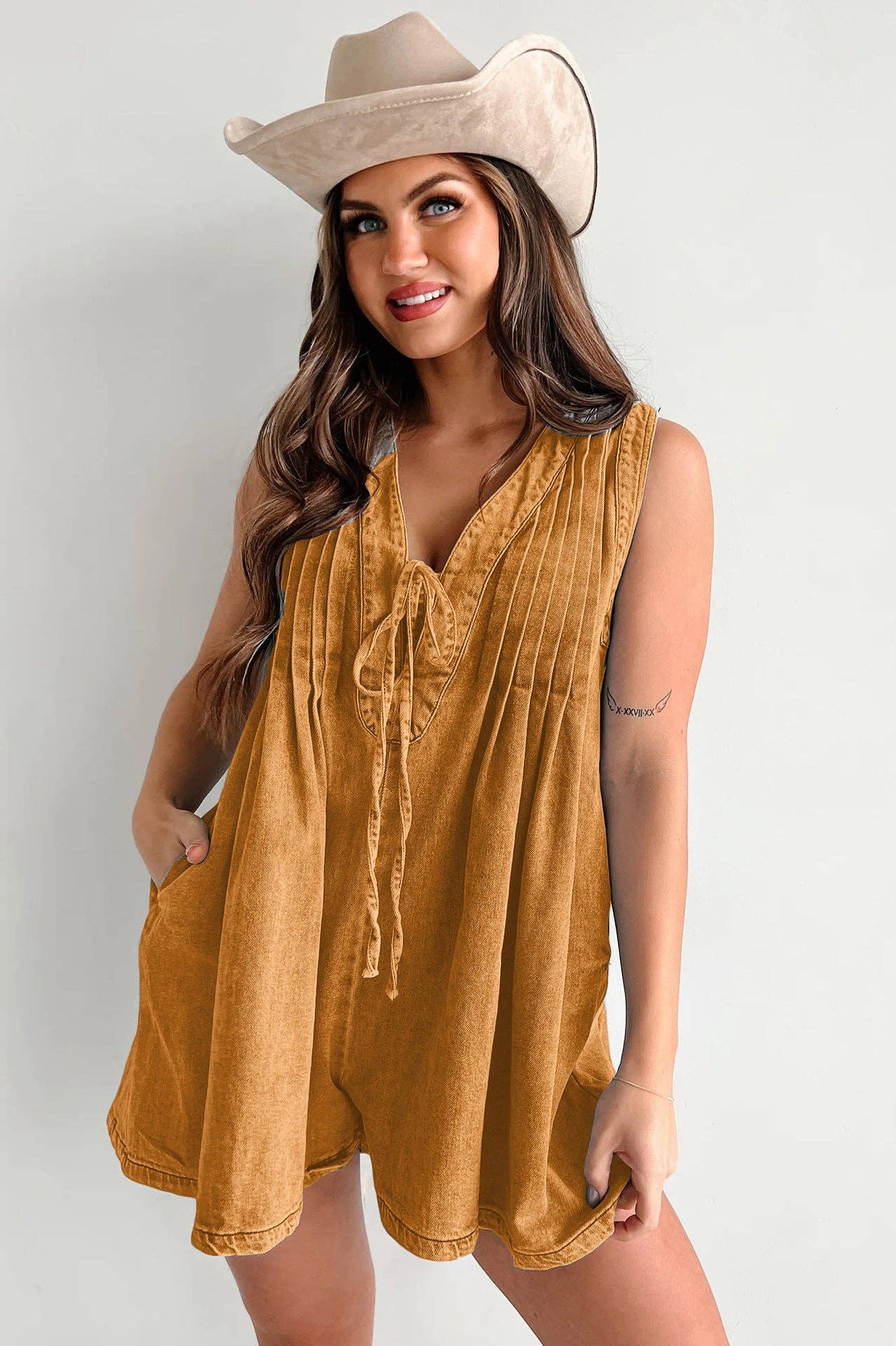 Ladies Tie Front V-Neck Sleeveless Denim Romper 9025