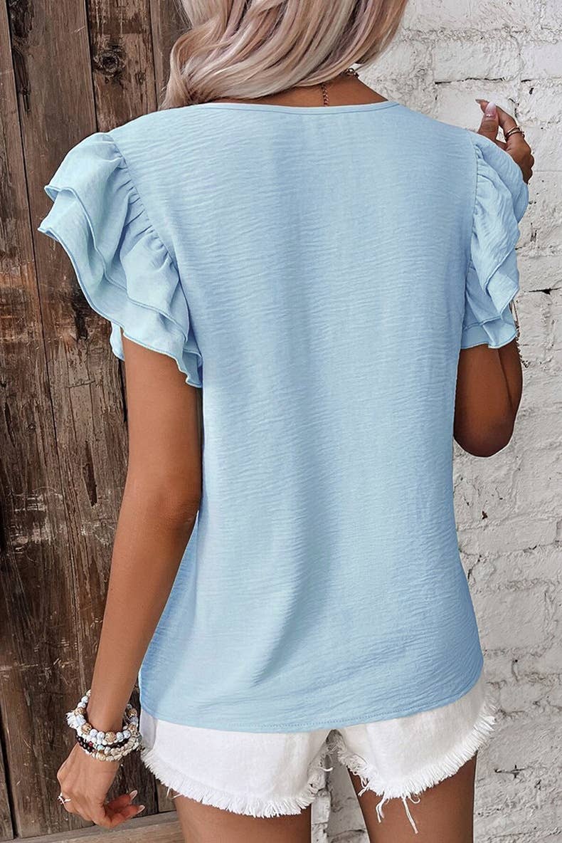 Casual Regular Ruffle Flutter sleeve R-neck plain tee top