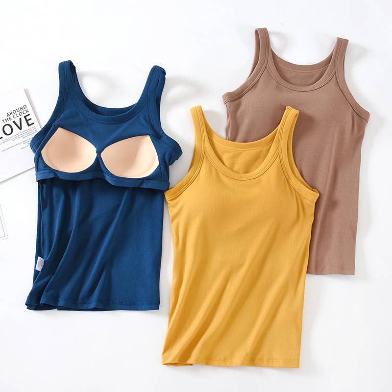 Essential basic rib tank top with built in bra in 13 colors