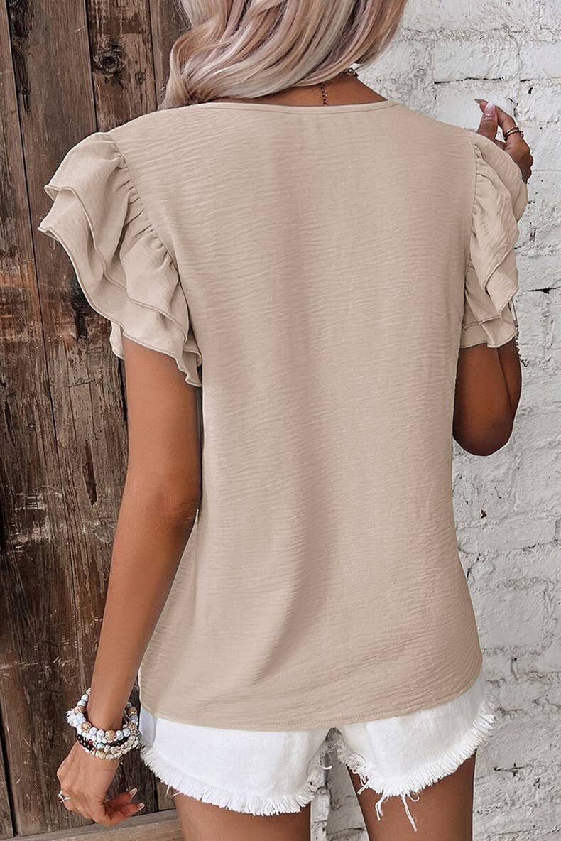 Casual Regular Ruffle Flutter sleeve R-neck plain tee top
