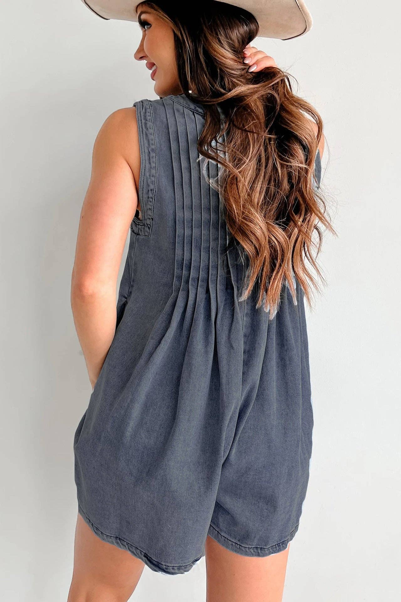 Ladies Tie Front V-Neck Sleeveless Denim Romper 9025