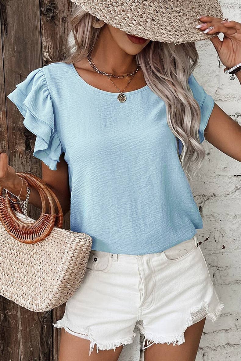 Casual Regular Ruffle Flutter sleeve R-neck plain tee top