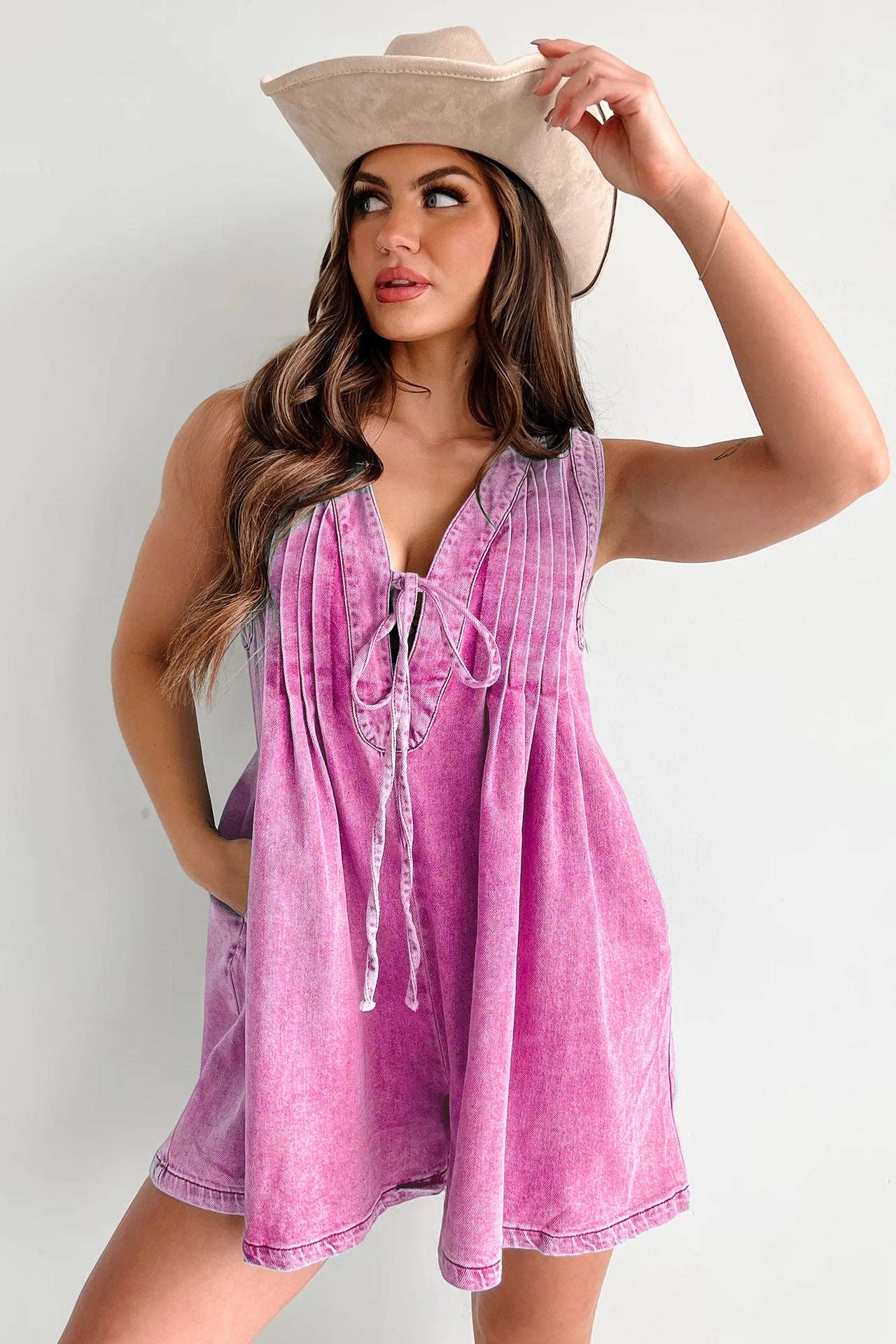 Ladies Tie Front V-Neck Sleeveless Denim Romper 9025