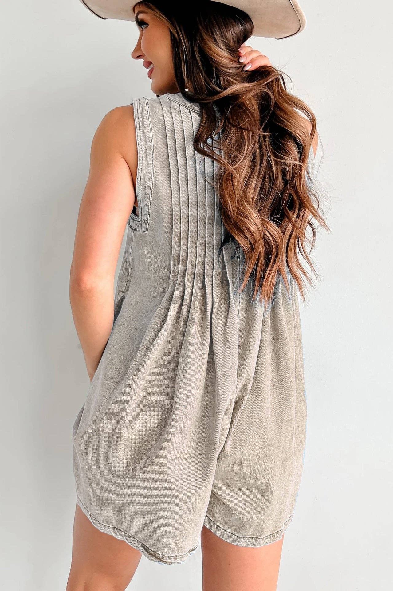 Ladies Tie Front V-Neck Sleeveless Denim Romper 9025