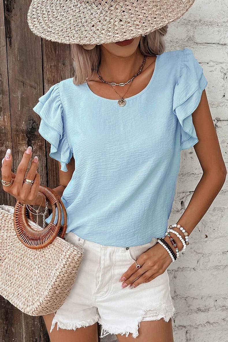 Casual Regular Ruffle Flutter sleeve R-neck plain tee top