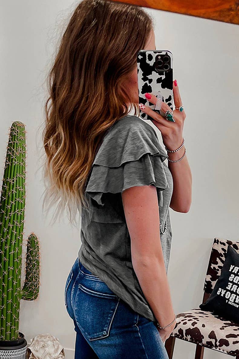 Western cowgirl ruffle flutter short sleeve round neck tee