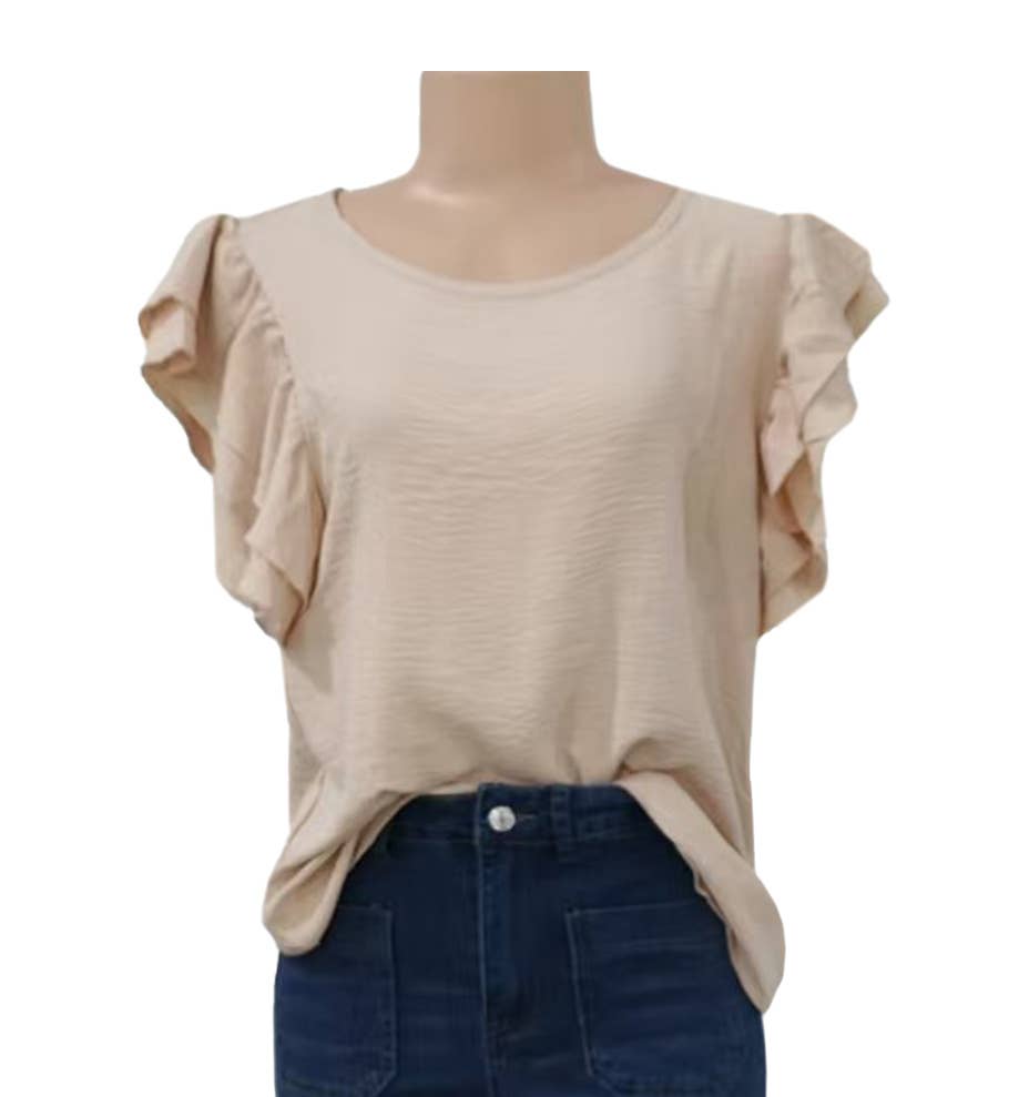 Casual Regular Ruffle Flutter sleeve R-neck plain tee top