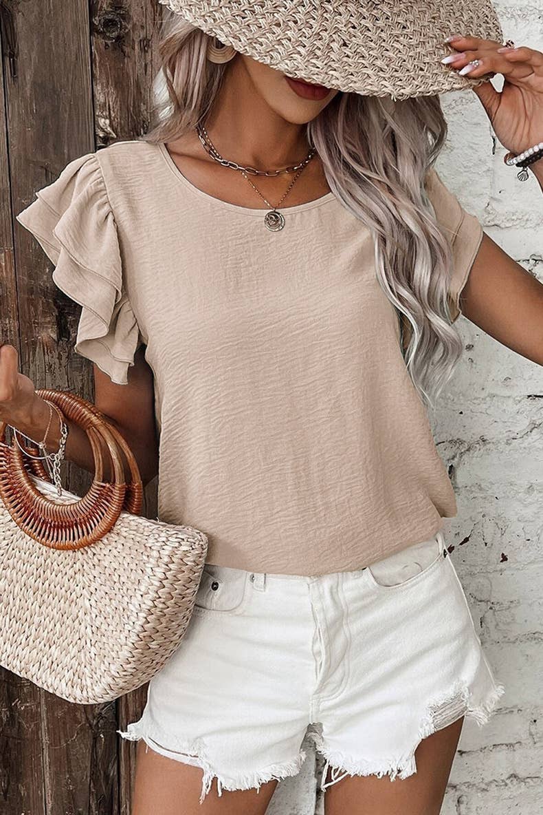 Casual Regular Ruffle Flutter sleeve R-neck plain tee top