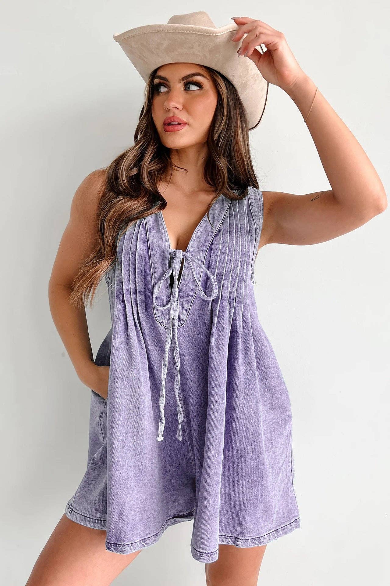 Ladies Tie Front V-Neck Sleeveless Denim Romper 9025