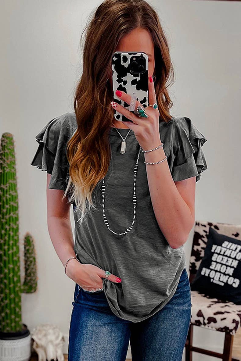 Western cowgirl ruffle flutter short sleeve round neck tee