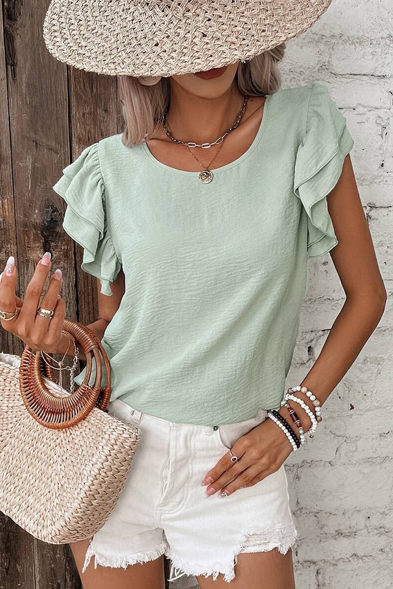 Casual Regular Ruffle Flutter sleeve R-neck plain tee top