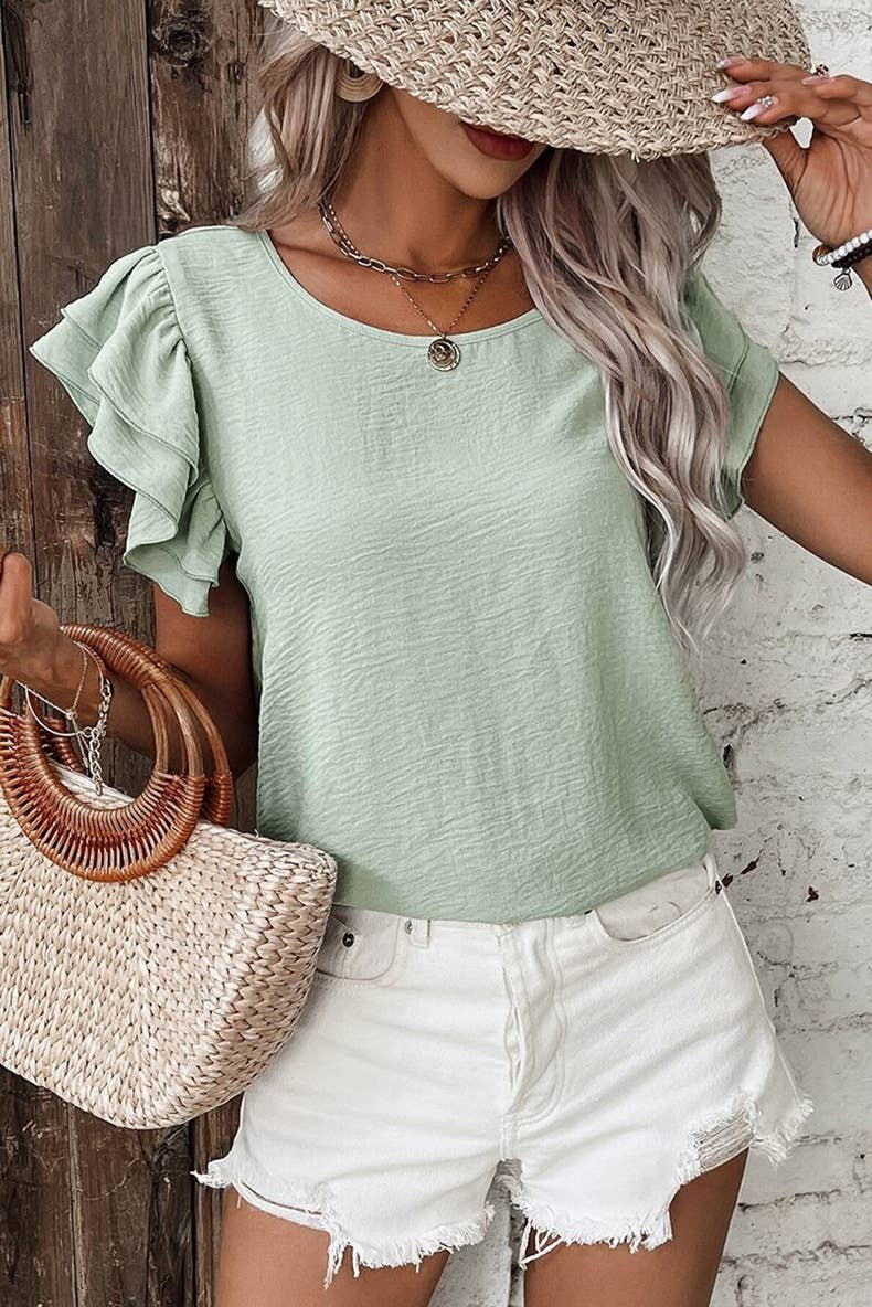 Casual Regular Ruffle Flutter sleeve R-neck plain tee top