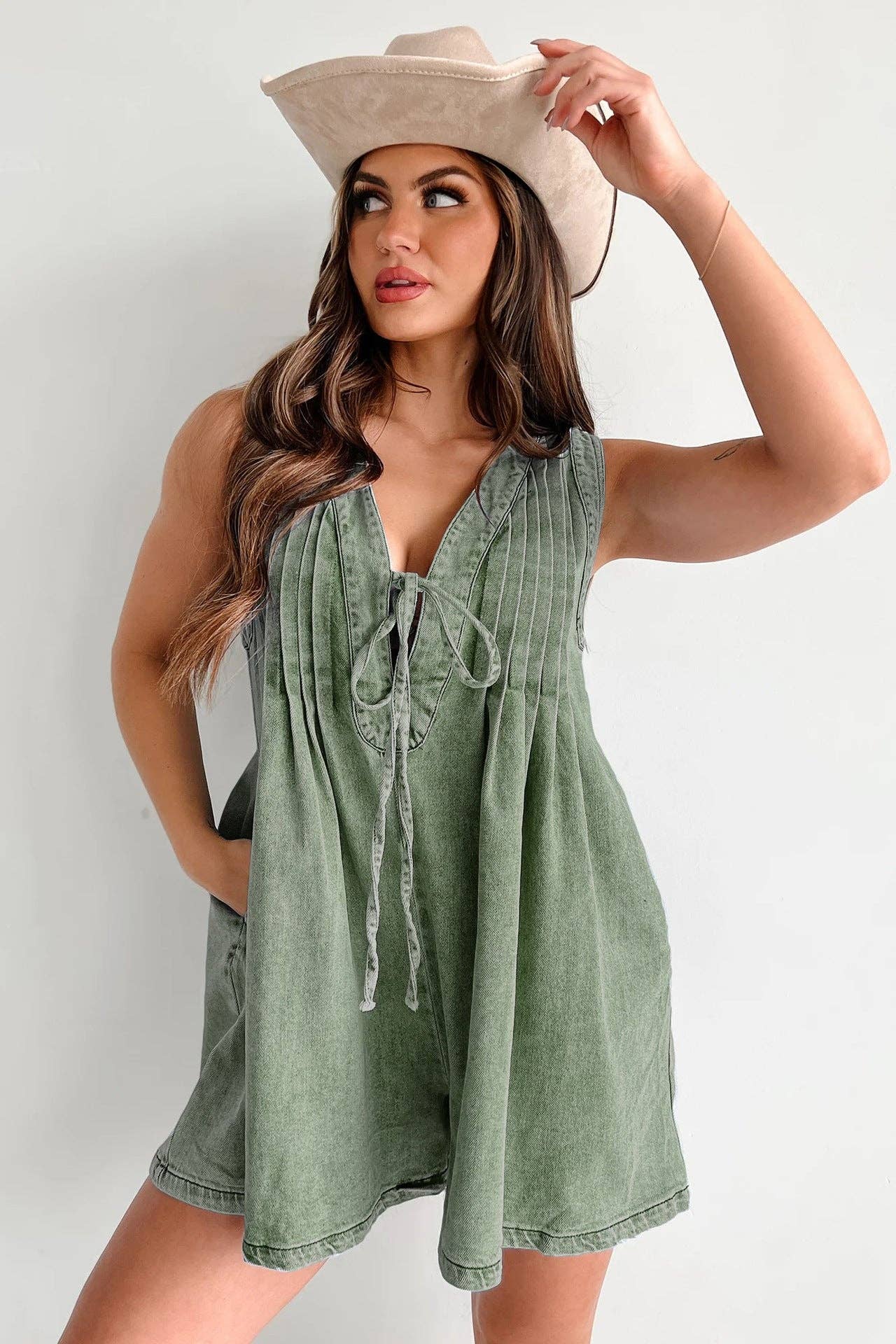 Ladies Tie Front V-Neck Sleeveless Denim Romper 9025