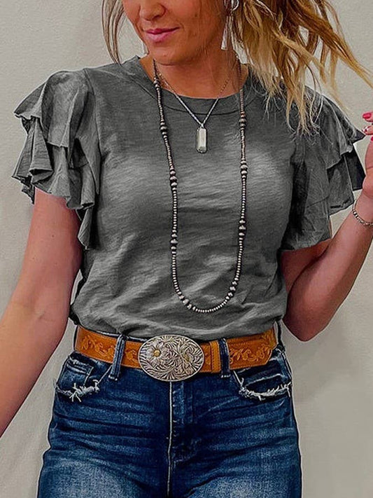 Western cowgirl ruffle flutter short sleeve round neck tee