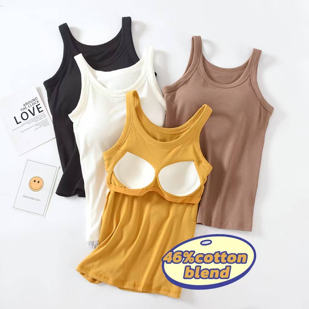Essential basic rib tank top with built in bra in 13 colors