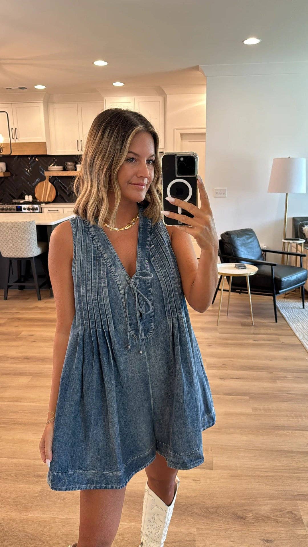 Ladies Tie Front V-Neck Sleeveless Denim Romper 9025