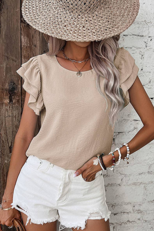 Casual Regular Ruffle Flutter sleeve R-neck plain tee top