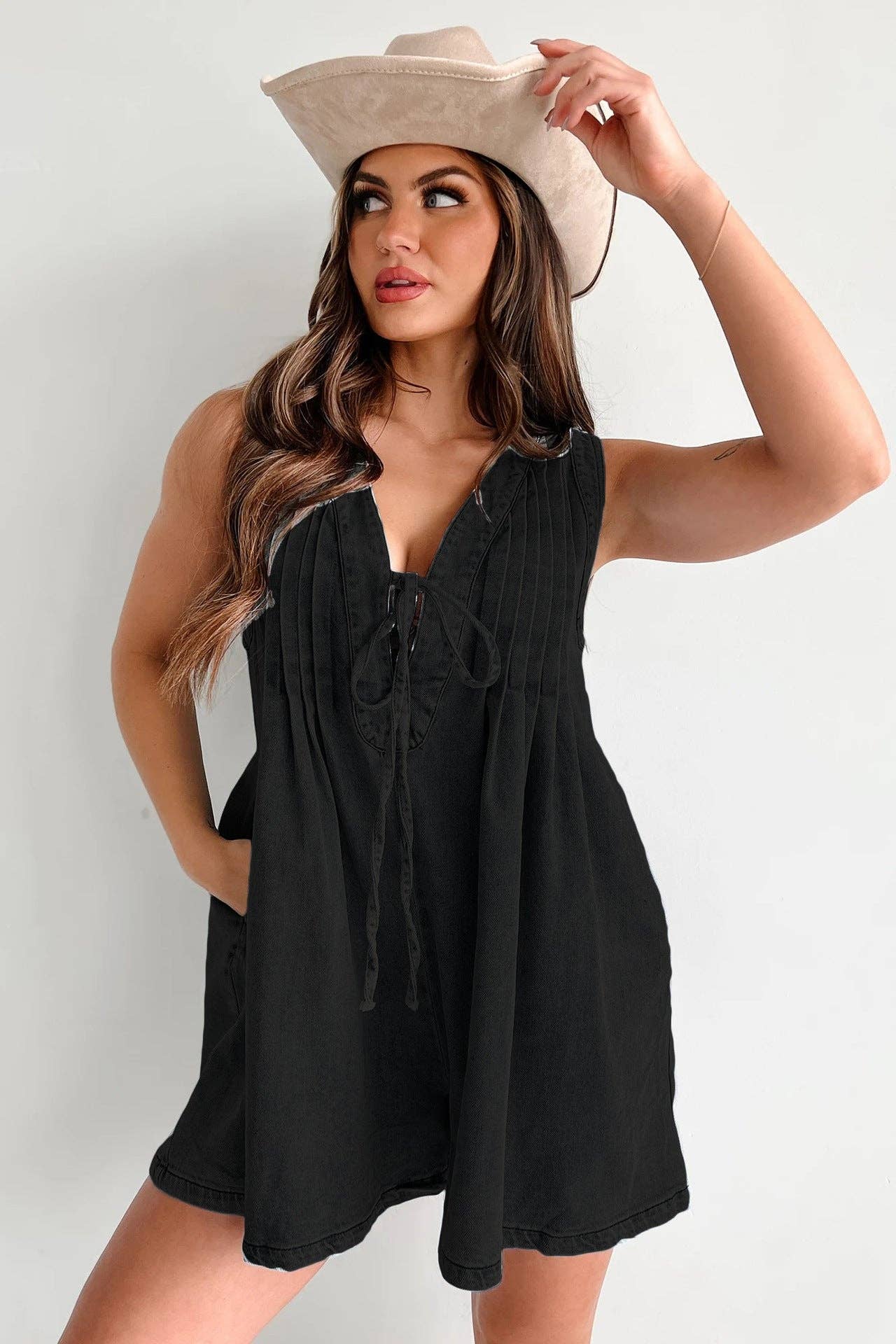 Ladies Tie Front V-Neck Sleeveless Denim Romper 9025