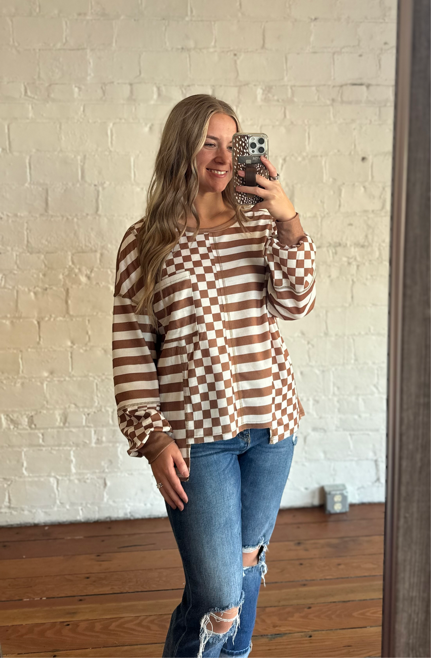 Checkerboard Striped Patchwork Lantern Sleeve Blouse