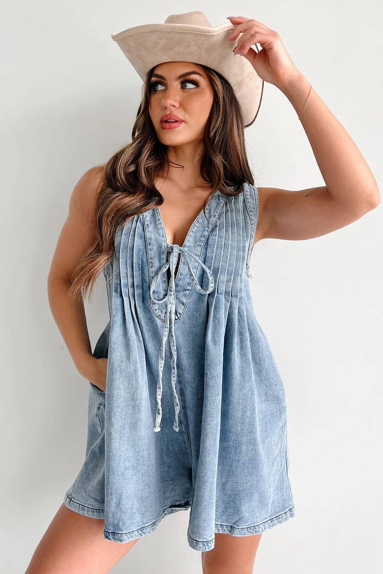 Ladies Tie Front V-Neck Sleeveless Denim Romper 9025