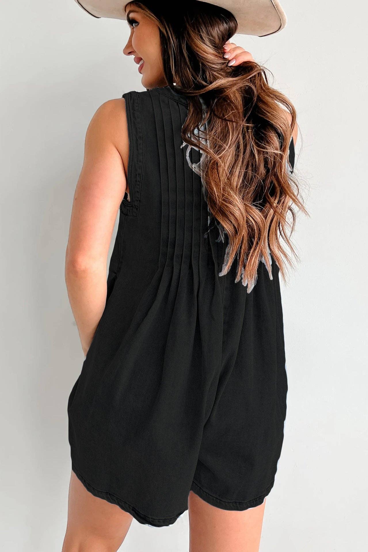 Ladies Tie Front V-Neck Sleeveless Denim Romper 9025